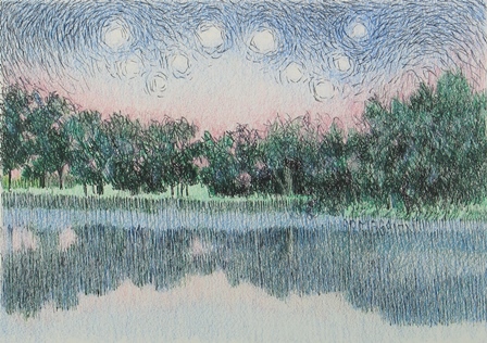 Ink Pen and Colored Pencil drawing 'Starry Night Over Misty lake'