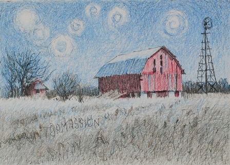 Ink Pen and Colored Pencil drawing 'Starry Night Over The Red Barn'